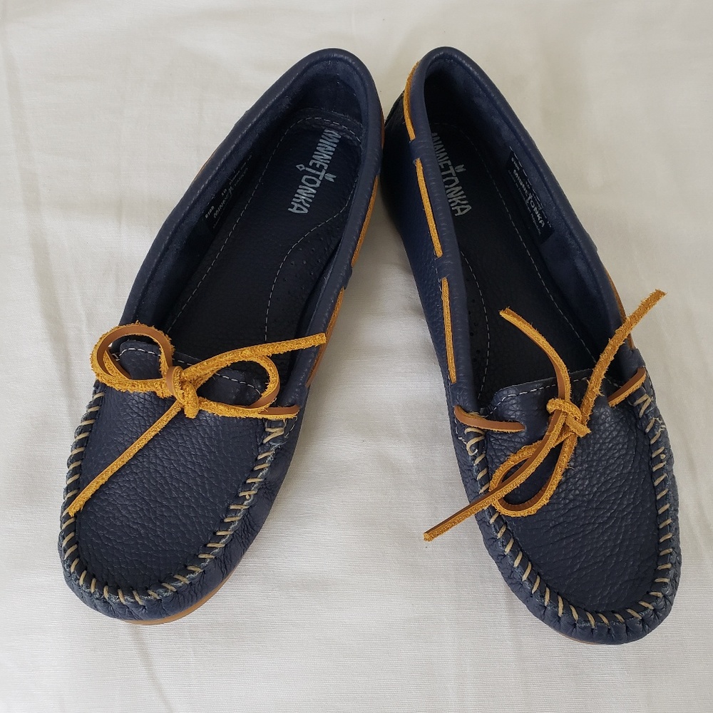 Minnetonka navy all leather moccasins. Worn once